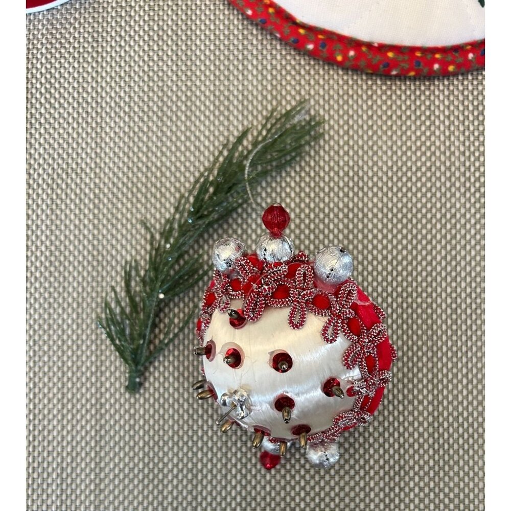 Vintage Handmade Beaded Christmas Satin String Ornament Red Silver